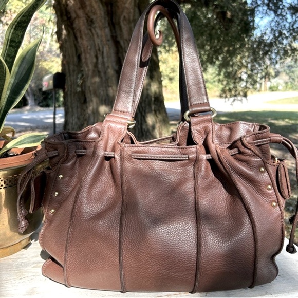 ANA Dark Brown Soft Pebbled Genuine Leather Shoulder Bag W/ Cinch Tie Front - Picture 1 of 11